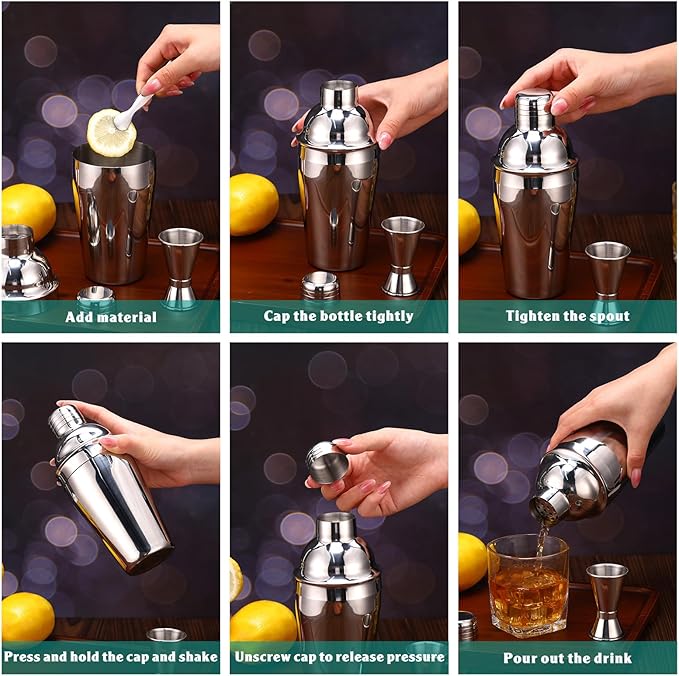 Umigy Cocktail Shaker Set Martini Shaker Bulk Stainless Steel Martini Mixer with Strainer and Double Measuring Jigger for Bar Party Home Use Wine Bar(18 Oz/ 550 ml,4 Packs)