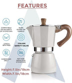 AGOGO Milano Moka Pot Stovetop Espresso Maker with 100 Paper Filters for Sediment-Free Coffee, Classic Italian Greca with Wood-Grain Handle,Cleaning Brush & Towel 6 Cup (10oz / 300ml) Cream