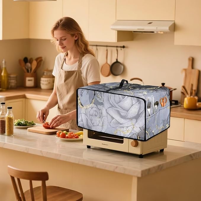 Marble Rose Flower Print Toaster Oven Cover, Stain-Resistant Air Fryer Cover with Storage Pocket, Kitchen Decorative Oven Protector, Black Grey Gold, (Small-14.5*18.46*9 inches)