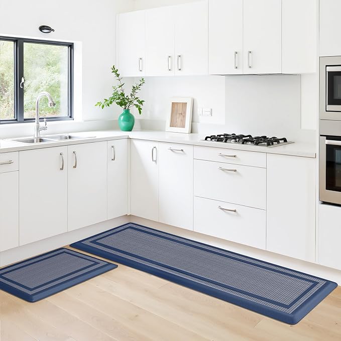 KitchenClouds [2 PCS Kitchen Rugs Cushioned Anti-Fatigue Kitchen Mats for Floor Waterproof Kitchen Rug Set Non-Slip Comfort Standing Mat for Office, Sink, Laundry 17.3"×28"+17.3"×60",Blue