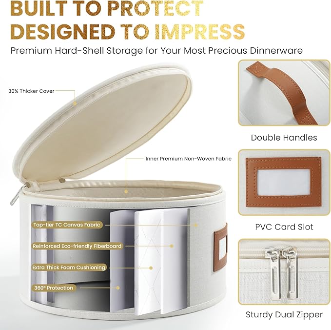 HOMELUX THEORY Platter Storage, Ivory Hard Shell China Storage Containers With 5 FeltPads, Kitchen Storage Bins With Lids, Heavy Duty Moving Box for Packing Dishes, Dinner Plate,& Dinnerware