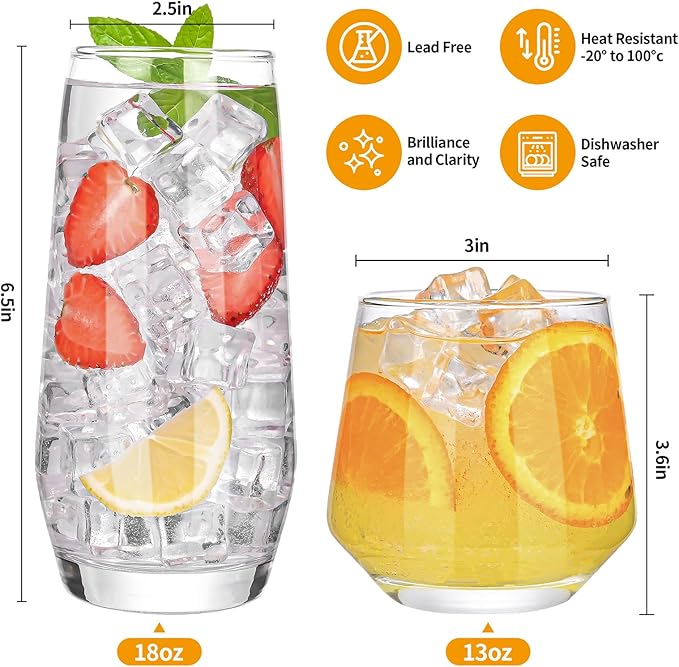 ZMOWIPDL Drinking Glasses Set of 8,Clear 13 oz & 18oz Crystal Glass Cups,Drinkware Glassware,Highball Water Tumbler,Short Stemless Wine Glasses，for Beer,Cocktail,Whiskey,Juice and Various Mixed Drinks