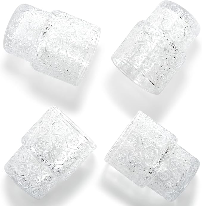 AVLA 8 Pack Vintage Drinking Glassware, 7 oz Romantic Water Juice Glass Tumbler Cup, Clear Stackable Coffee Cocktail Bar Drinkware for Beverages, Tea, Milk, Yogurt, Whiskey, Embossed Floral Pattern