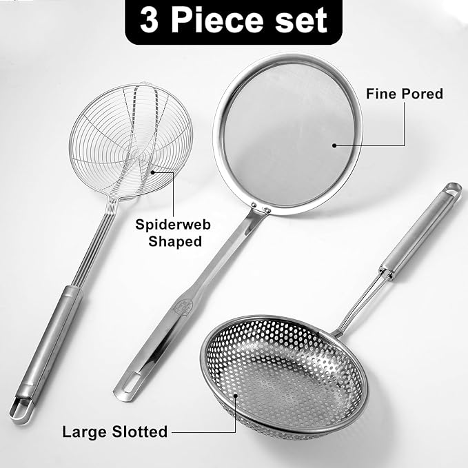 Spider Strainer & Skimmer Spoon Set, 3-Piece Stainless Steel Ladle Metal Wire Sieve Large Holes Slotted Colander Fryer Scoop Fine Mesh Strainers with Long Handle, Food Sifter for Kitchen Cooking