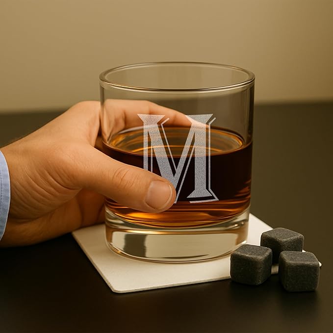 On The Rox (M-Monogram)- 4 Piece Set of 11 Ounce Engraved Heavy Base Rocks Glasses Elegant Glass-Multi-Purpose Beverage-Rocks Glass- Gift for any Occasion