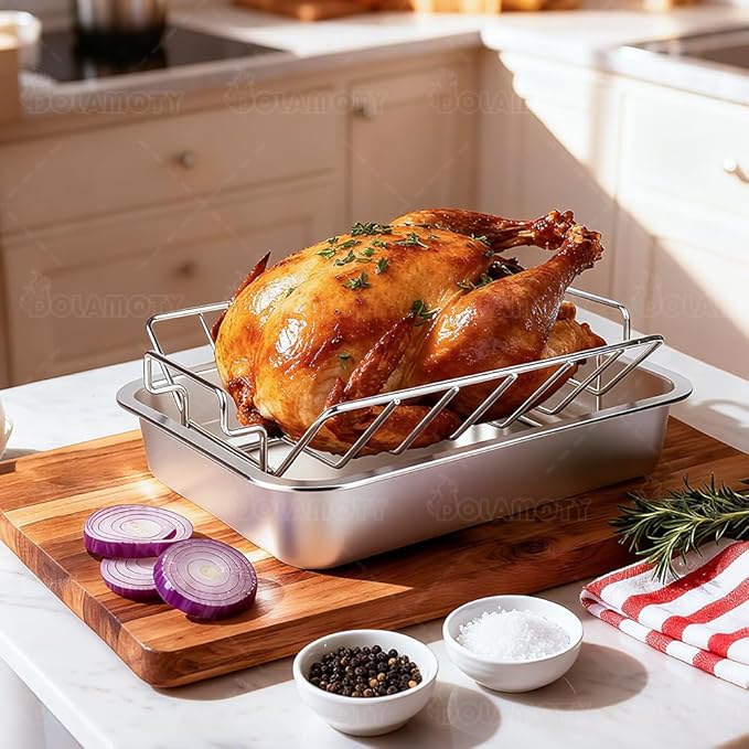 Turkey Roaster Roasting Rack with Pan, Stainless Steel Poultry Turkey Roasting Pan for Smoker Smoking and Grilling/Dual Purpose fit for Oven, Large Size Big Green Egg and Kamado Joe Etc