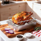 Turkey Roaster Roasting Rack with Pan, Stainless Steel Poultry Turkey Roasting Pan for Smoker Smoking and Grilling/Dual Purpose fit for Oven, Large Size Big Green Egg and Kamado Joe Etc