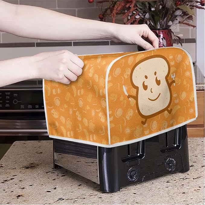 JEOCODY 2 Slice Toaster Cover With Cute Butter Bread Print - Quilted Fabric Dust-Proof and Fingerprint Protection for Kitchen Small Appliance