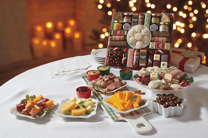 2 Red Gift Boxes - The Swiss Colony 27 Favorites Food Gift Set, Summer Sausage Meats and Cheeses, Assorted Chocolates, Candies, Petits Fours, Cheese & Charcuterie Board Gifts Basket, Holiday Christmas