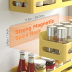 Sevenblue 4 Pack Strong Magnetic Spice Rack for Refrigerator, Multipurpose Magnetic Shelf for Fridge with 4 Hooks for kitchen and Bathroom Organization, Yellow