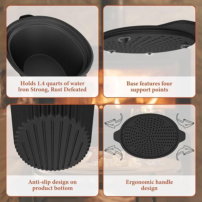 Cast iron Humidifier Seasonal Wood Stove Steamer with Sauce Pot, Camping Grill Essential, Non-Toxic Cast Iron Kitchenware for Indoor/Outdoor Use