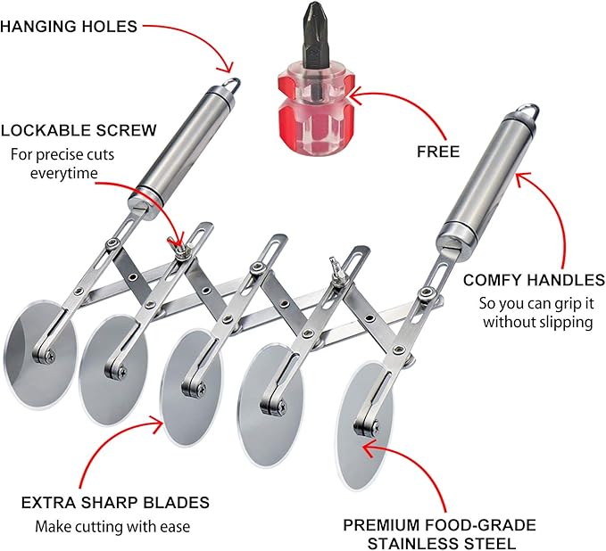 Juome 5 Wheel Pastry Cutter Stainless Pizza Slicer Multi-Round Dough Cutter Roller Cookie Pastry Knife Divider with Handle