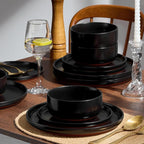 E-far 18-Piece Stoneware Plates and Bowls Sets, Dinnerware Sets for 6, Ceramic Dishware Dishes Set with Terracotta Base, Chip & Scratch Resistant, Microwave & Dishwasher Safe, Matte Black