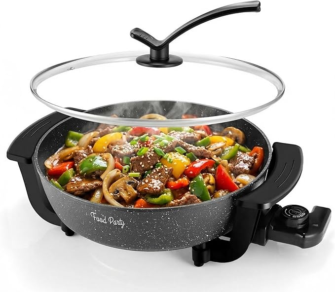 Food Party Electric Skillet with Lid Frying Pan 12 inch 6L Hot Pot Electric Pan for Cooking 110V 1100W Non-Stick PFOA FREE Hotpot