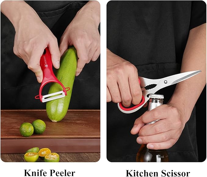 Kitchen Knife Set, 9-Piece Red Kitchen Knife Set with Acrylic Block, Non Stick Sharp High Carbon Stainless Steel Knife Set for Kitchen Cutting Meat Slicing Chopping Kitchen Gifts for Women (Red)
