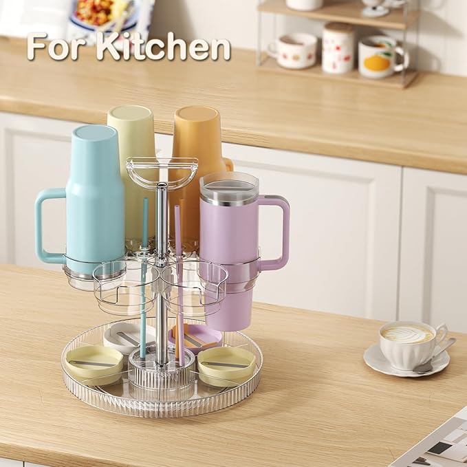 Rotating Coffee Bar Accessories Organizer, 2-Tier Lazy Susan Cup Holder for Stanley 40oz Tumbler with Handle, Countertop Drying Rack Station with Divided Tray for K-Cups, Snacks & Mugs