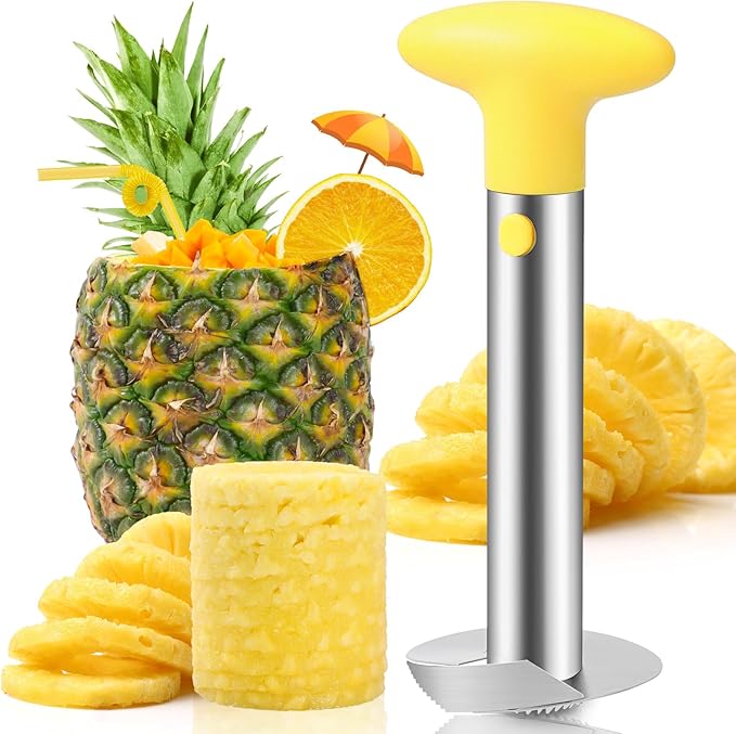 AUBENR Premium Pineapple Corer and Slicer Tool - Sharp Pineapple Cutter with Serrated Tips - Easy to Use and Clean - Stainless Steel Core Remover for Pineapple - Core Fruits with Ease(Yellow)