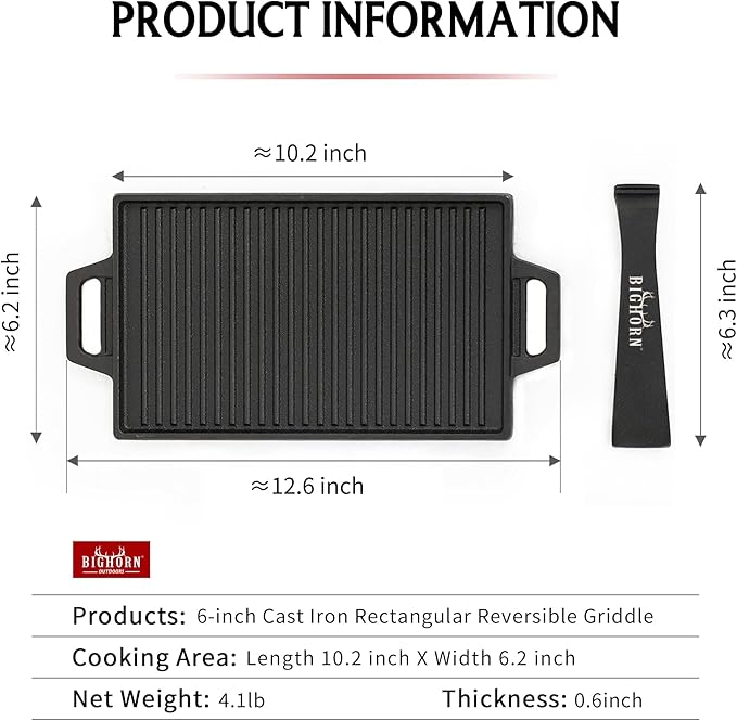 BIG HORN OUTDOORS Cast Iron Griddle Reversible Grill Plate with Handle for Oven, Stove, Grill
