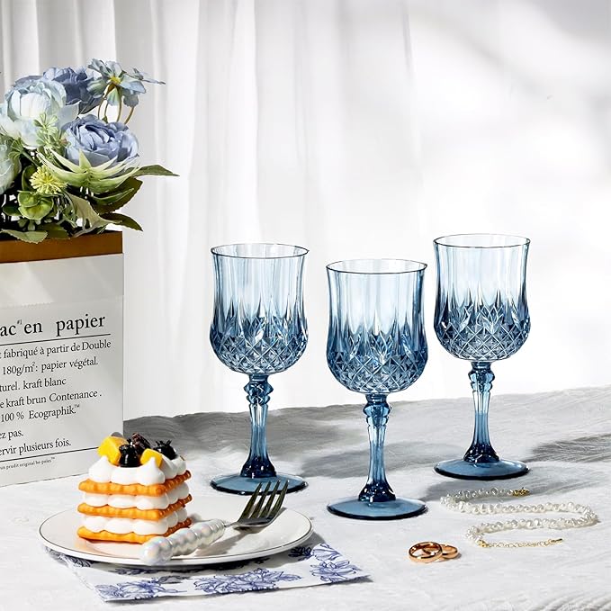 XUWAIDSGN 7oz Plastic Vintage Wine Glasses Drinking Glasses Unbreakable Wedding Glassware Crystal Water Goblets Reusable Drinkware Vintage Champagne Flutes(16, Blue)