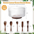 Large Ribbed Glass Salad Bowl Set, Party Salad Bowl with Wood Base and Lid as Cheese Charcuterie Board and Plate, Comes with 5 Pieces of Elegant Wood Serving Utensils