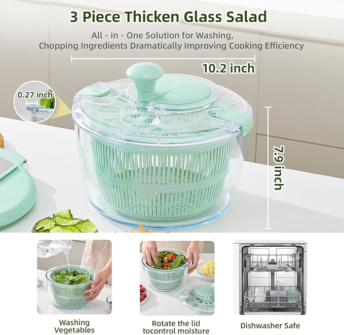 Large 5.2 Qt Glass Salad Spinner Vegetable Dryer with Drain Microwave Safe Dishwasher Safe with Transparent Lid Crank Handle Quick Spin Greens Washer for Lettuce Herbs Fruits