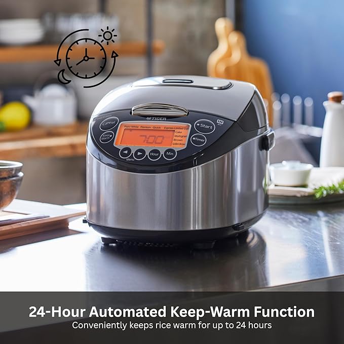 Tiger Corporation JKT-D18U 10-Cup Capacity Induction Heating Electric Rice Cooker with 12 Menu Setting, 24-Hour Keep Warm Setting, Spatula and Measuring Cup (Black and Stainless Steel)