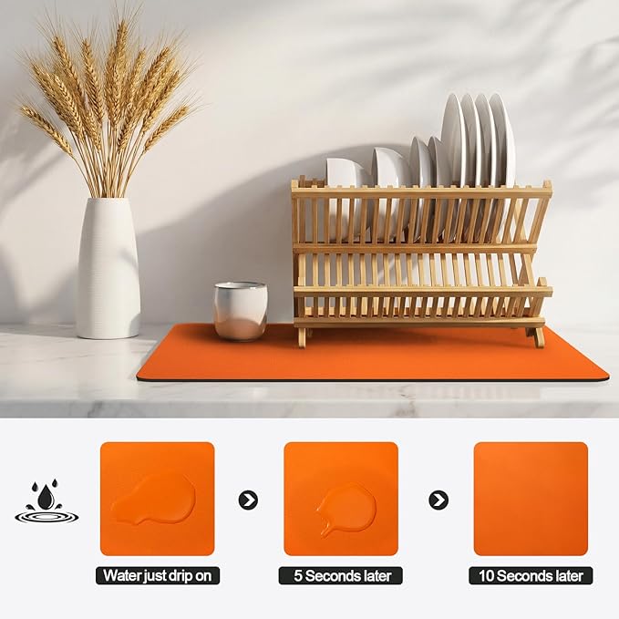 Ecotrim - Dish Drying Mat for Kitchen Counter | Coffee Bar Mat for Countertops | Heat Resistant Drainer Mat with Non-slip Rubber Backed | Hide Stain Kitchen Absorbent Draining Mat | Orange 18"x32"