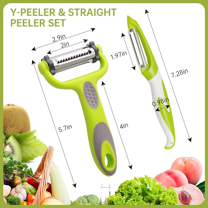 3 in 1 Vegetable Peelers for Kitchen – I & Y Peelers for Potatoes, Carrots, Apples, Cucumbers – Julienne, Slicer & Straight Blades – Sharp Stainless Steel, Non-Slip Handle