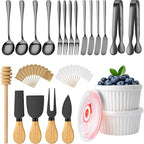 Charcuterie Boards Accessories Bowls with Lids, Cheese Butter Spreader Knife Set Mini Serving Tongs, Forks, Spoons,Dipping Bowls, Toothpick Flags, Honey Dippers For Party Platter Making (Black)