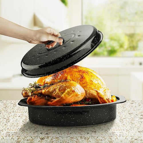 19Inch Roasting Pan, Enamel on Steel, Black Covered Oval Roaster Pan with Lid, Medium Cookware for Turkey, Small Chicken, Roast Baking Pan.