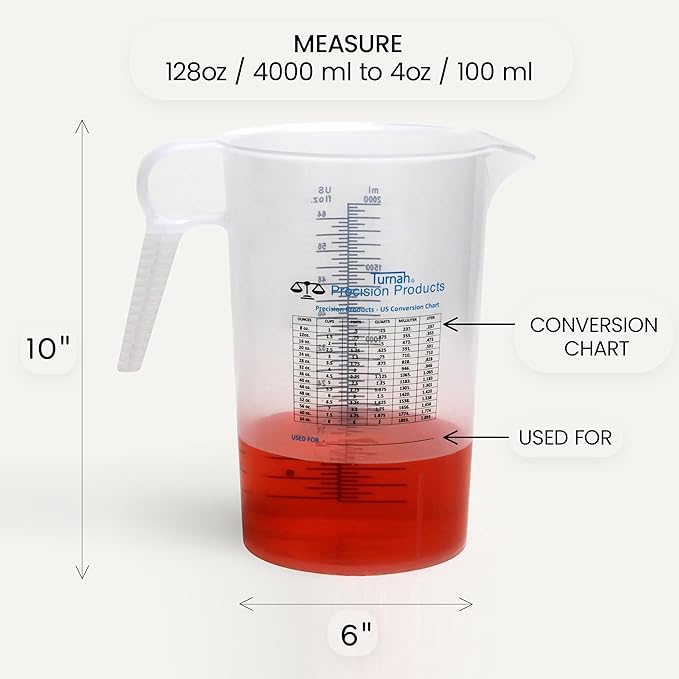 Half Gallon 64oz (2 quart) Measure Pitcher- Conversion Chart-Strong Food Grade - Resistant to Chemicals- Great for Lawn, Pool & Spa, Ag, Home Hobbies, Lye, Cooking, Shop Motor Oil Fluids Made In USA