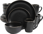 Gibson Home Rockaway 16-Piece Round Stoneware Dinnerware Set, Service for 4 – Black with Gold Rim Plates and Bowls, Microwave & Dishwasher Safe