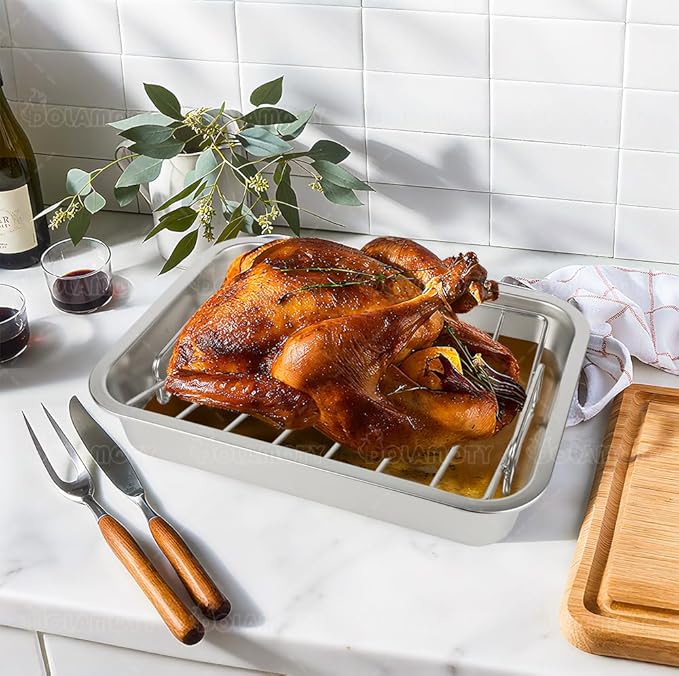 Stainless Steel Turkey Roaster Roasting V Rack with Pan,15.6 * 11.6 * 2.8 inch Roasting Pan for Smoker Smoking and Grilling/for Large Big Green Egg and Kamado Joe Etc