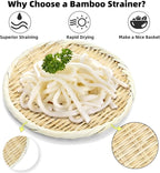 Bamboo Basket Colander, 8.3" Round Small Bamboo Sieve Washing Strainer, Hand Weave Plate Holder for Kitchen, Wicker Pantry Storage Tray for Fruit Vegetable Bread Snack Zaru