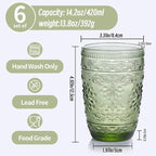 abrwyy 6Pcs 14OZ Drinking Glasses, Green Drinking Glasses, Colored Glassware Drinking, Highball Beverage Glasses Cup, Vintage Glassware Set for Water, Juice, Cocktail, Coffee