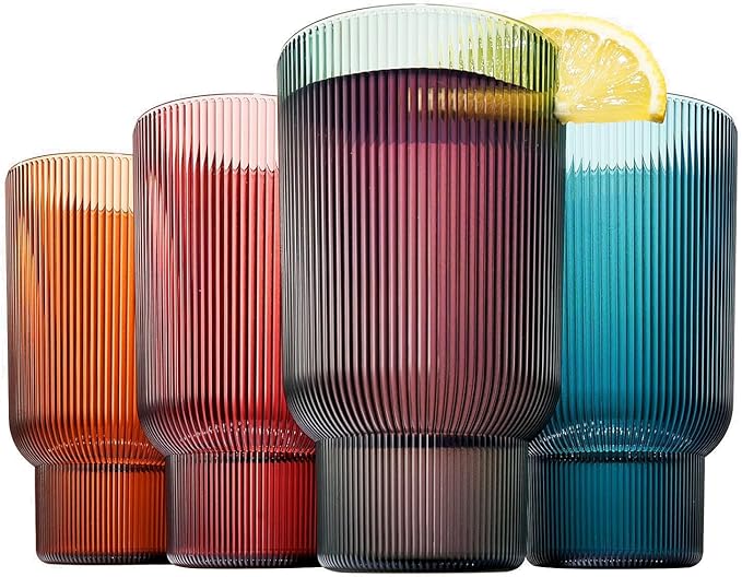 Khen Shatterproof Acrylic Tall Drinking Glasses Set, European Style, Dishwasher Safe, Ribbed | Set of 4 | Fluted Tritan Drinkware, Unbreakable BPA-free Plastic, Reusable Stackable Glassware 14.5oz