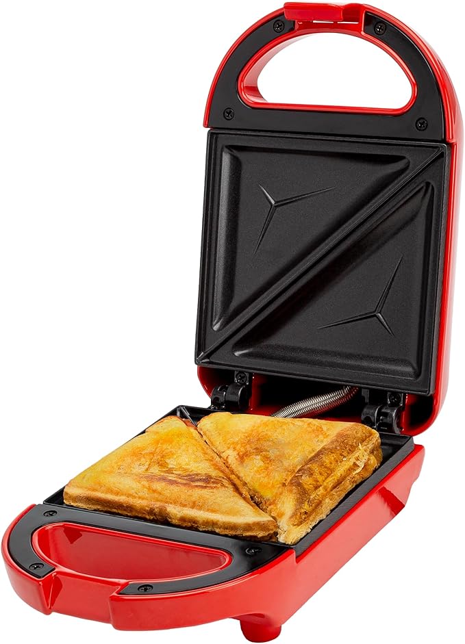 Tasty Mini Sandwich Maker, Makes Sandwiches, Paninis, Grilled Cheese, Desserts, Quick Results, Easy Cleanup, 600W, Red