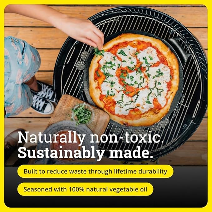 Lodge Seasoned Cast Iron Pizza Pan - Pre-Seasoned, Round Pizza Pan with Dual Assist Handles - Even Heat Distribution- PFAS-Free, Non-Toxic Cookware - Oven Safe - 15 Inch