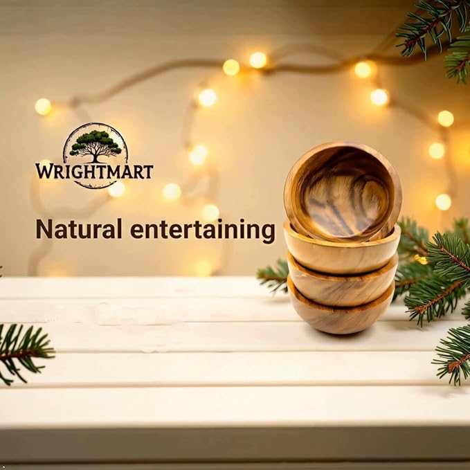 Small Wooden Calabash Bowls – 4.25” Acacia Snack, Dip & Side Dish Set of 4, Rustic Handmade Condiment Serving Bowls, Gift Ready