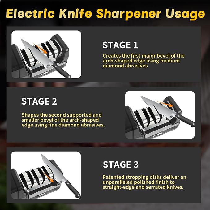 Electric Knife Sharpener for Kitchen – Professional 3-Stage 100% Diamond System with 20° Precision Angle, Fast Sharpening to Restore & Polish Chef Knives (Silver)