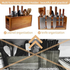 Wooden Kitchen Utensil Holder Organizer for Counter or Countertop, Large Wooden Utensil Holder 4 Compartment, Acacia Wood Container Extra Large.with Strong Magnets Multifunctional Storage Knife Holder