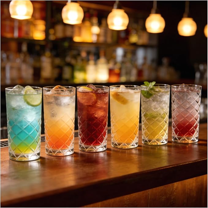 Crystal Highball Glasses Set Of 6-14 Ounce Diamond Cut Tom Collins Glasses - Textured Designer Glassware For Whiskey,Drinks, Water, Beer, Soda