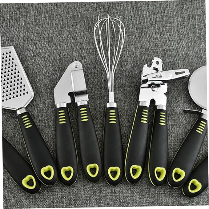PRETYZOOM 7pcs Stainless Steel Kitchen Gadgets Set Utensils Griddle Spatula Tongs Cheese Grater Pizza Wheel Can Opener for Cooking