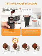 K Cup Coffee Maker, Hot & Iced Coffee Maker for K Cup and Grounds, 6-14 Oz Brew Sizes, 50oz Removable Tank, Single Cup Coffee Maker with Descaling Reminder, Stainless Steel, Black