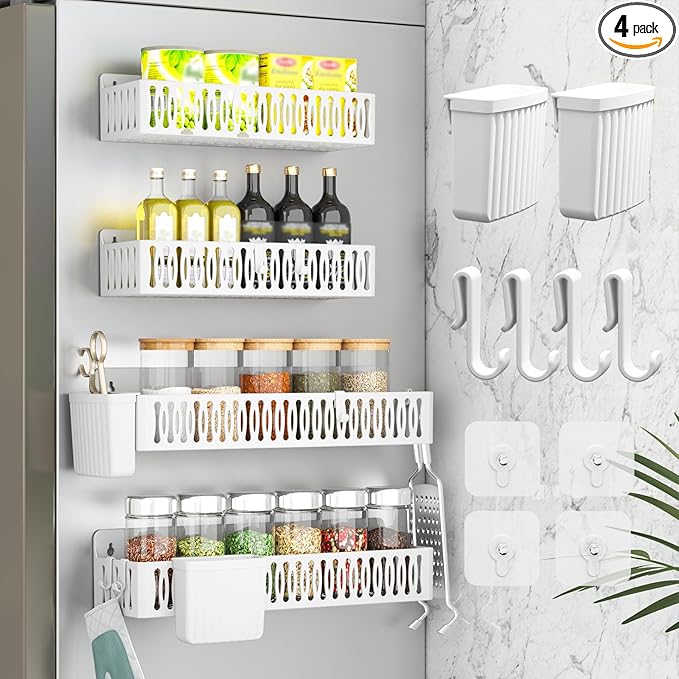 Sevenblue 4 Pack Large Magnetic Spice Rack for Refrigerator, Spice Rack Organizer, Moveable Magnetic Shelf Fridge Organizer with 4 Hooks for Kitchen and Oven Organization, White