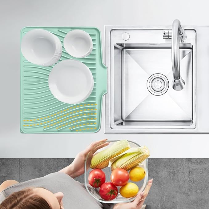 TIKNIK Silicone Dish Drying Mat, Stone Drying Mat for Kitchen Counter with Built-In Drain, Non-Slip Drain Pad with Built-in Drain, Heat Resistant Stone Drying Mat, Hangable, Mint-1pcs, 16" x 12"
