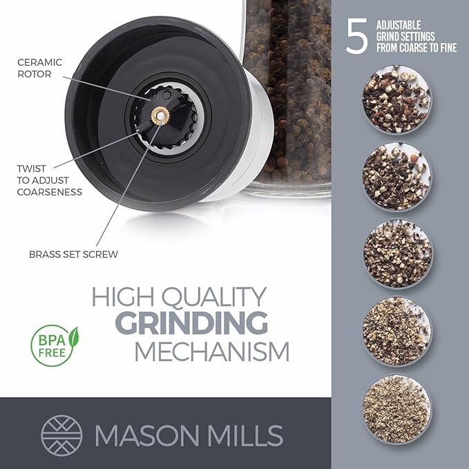 Prefilled Stainless Steel Salt and Pepper Grinder Two Piece Set - Includes Himalayan Salt and Quality Black Pepper - Glass and Stainless Steel Mill - Large Capacity Shakers - Top Loading By Mason Mil
