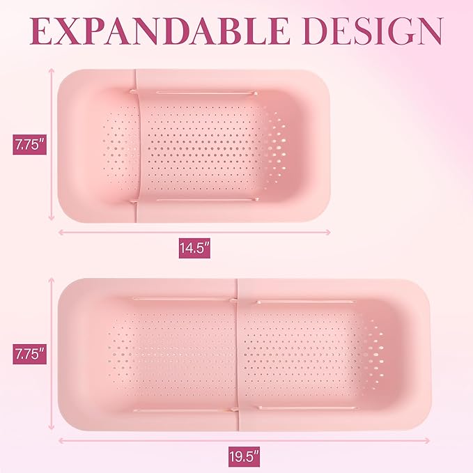 Paris Hilton Over the Sink Expandable Colander, Extendable Strainer, Adjustable from 14.5 inches to 19.5 inches, Fits most kitchen sinks, Made without BPA, Pink