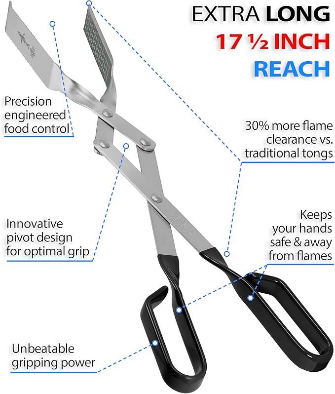 Shark BBQ Grill Tongs - 17 inch Black. Professional steak grilling utensil. Long reach Barbeque Grilling Tongs. Ideal for steak, fish, burger, and sausage