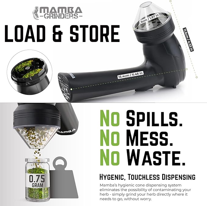 Mamba Lite Electric Herb Grinder, USB Rechargeable Herb & Spice Grinder for Dried Herbs, One-Hand Automatic Kitchen Herb Mill, Portable Spice Grinder with Cleaning Tools, 0.75 g Capacity, Black